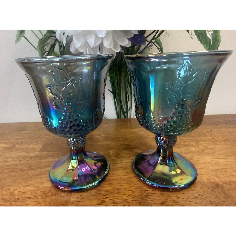 Vintage Indiana Glass‎ Harvest Grape Blue Iridescent Carnival Glass Goblets Set
